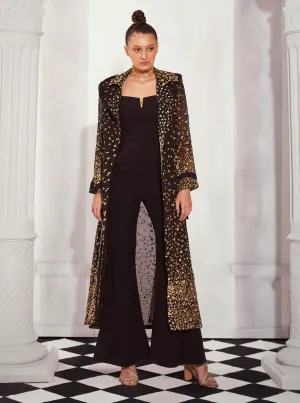 Leopard aari trench and black jumsuit set