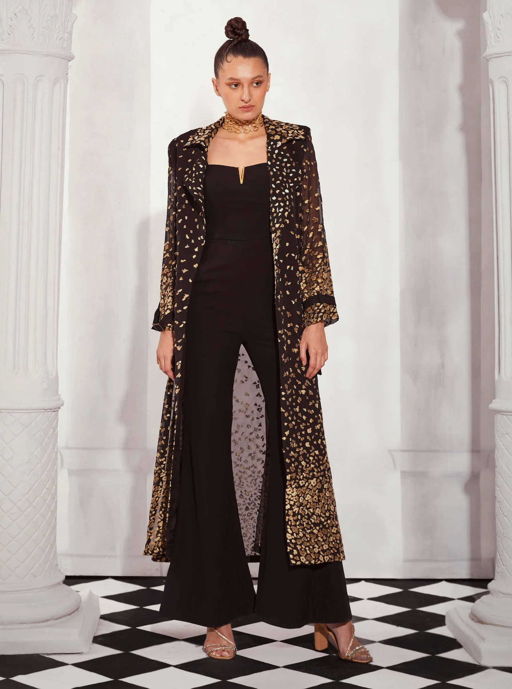 Leopard aari trench and black jumsuit set