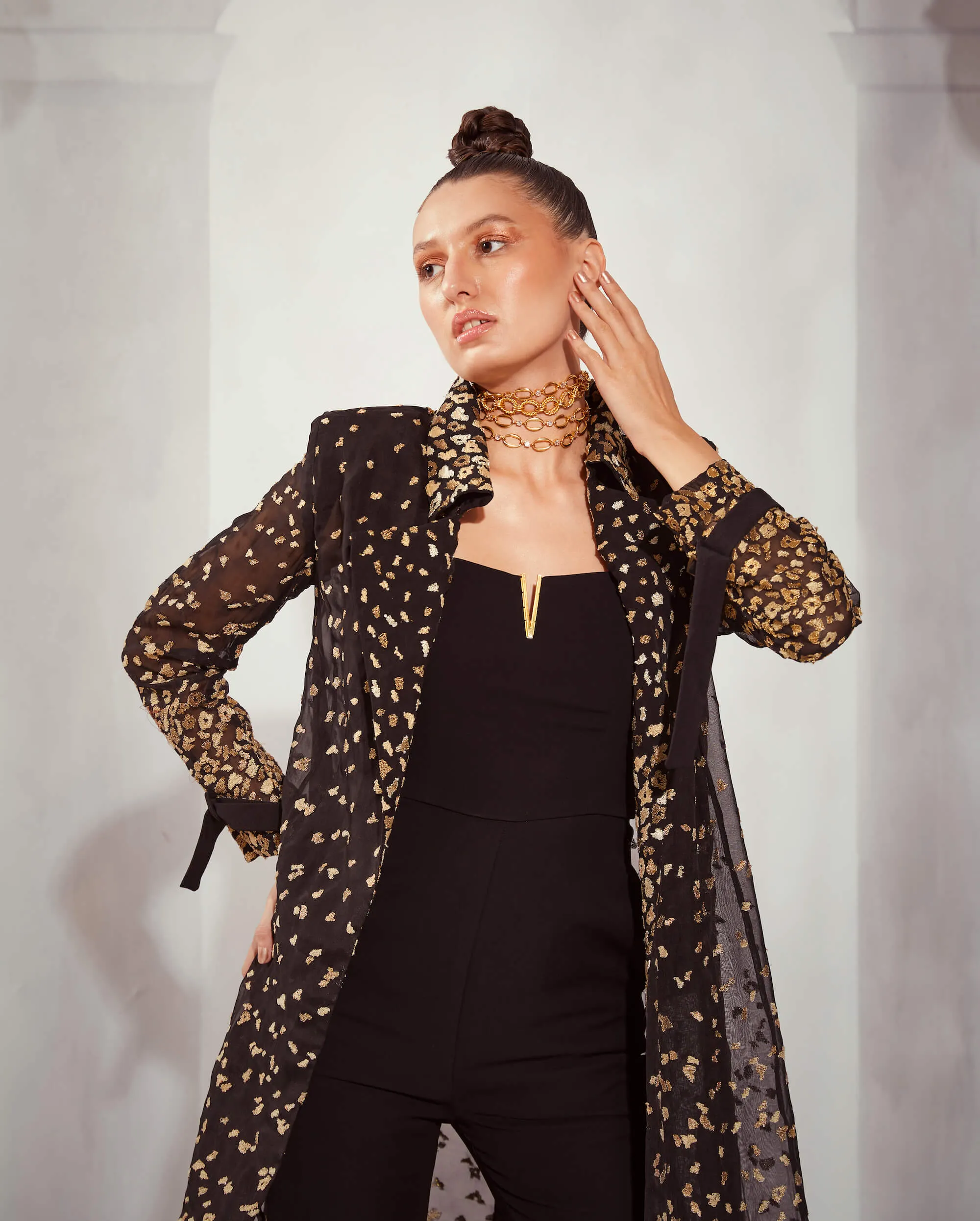 Leopard aari trench and black jumsuit set