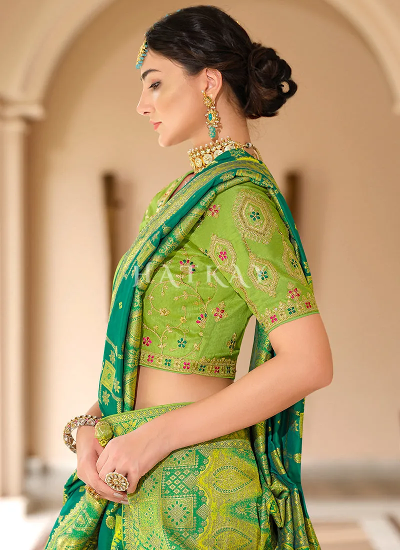 Lime Green Embroidered Banarasi Silk Saree