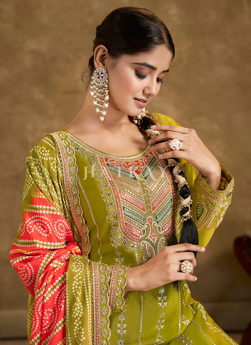 Lime Green Multi Embroidered Dhoti Style Suit
