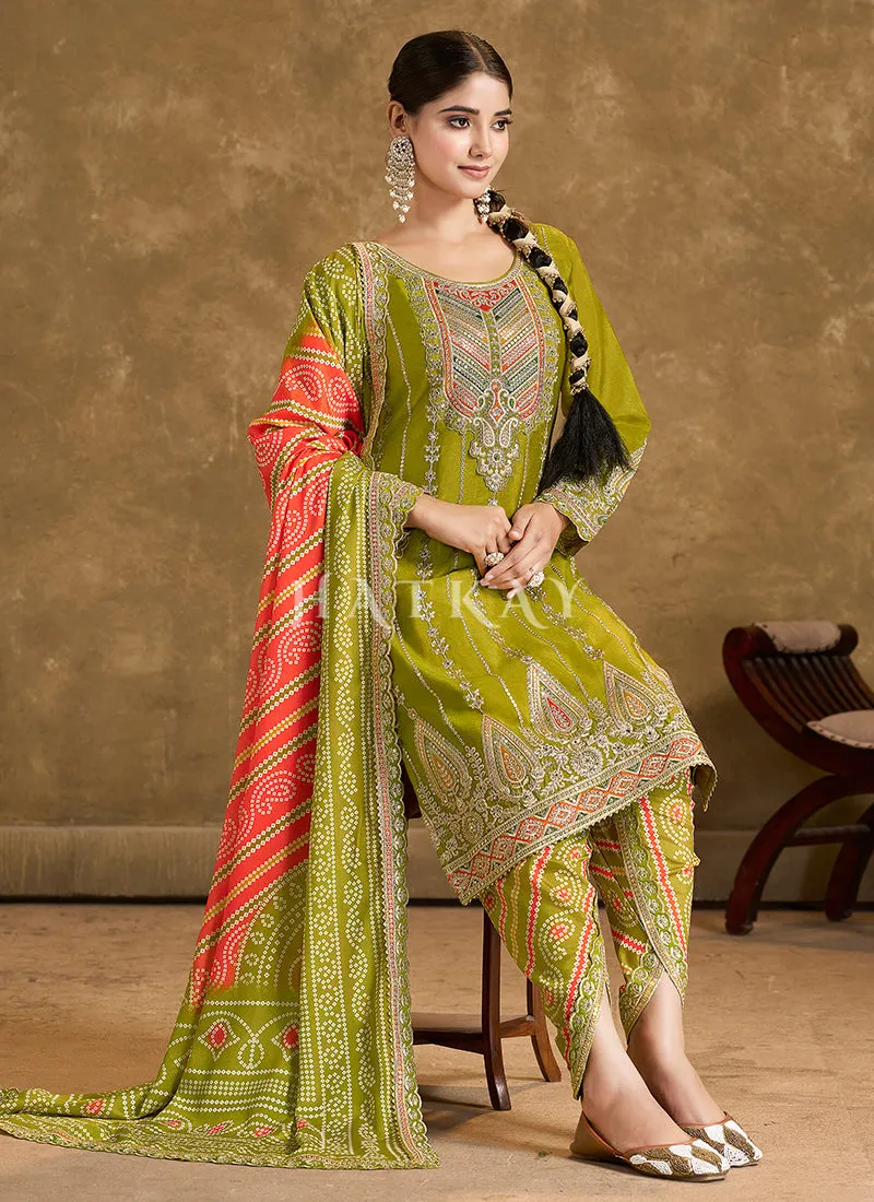 Lime Green Multi Embroidered Dhoti Style Suit
