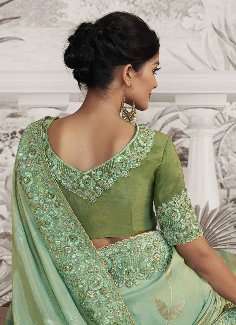 Lime Green Multi Sequence Embroidery Wedding Saree