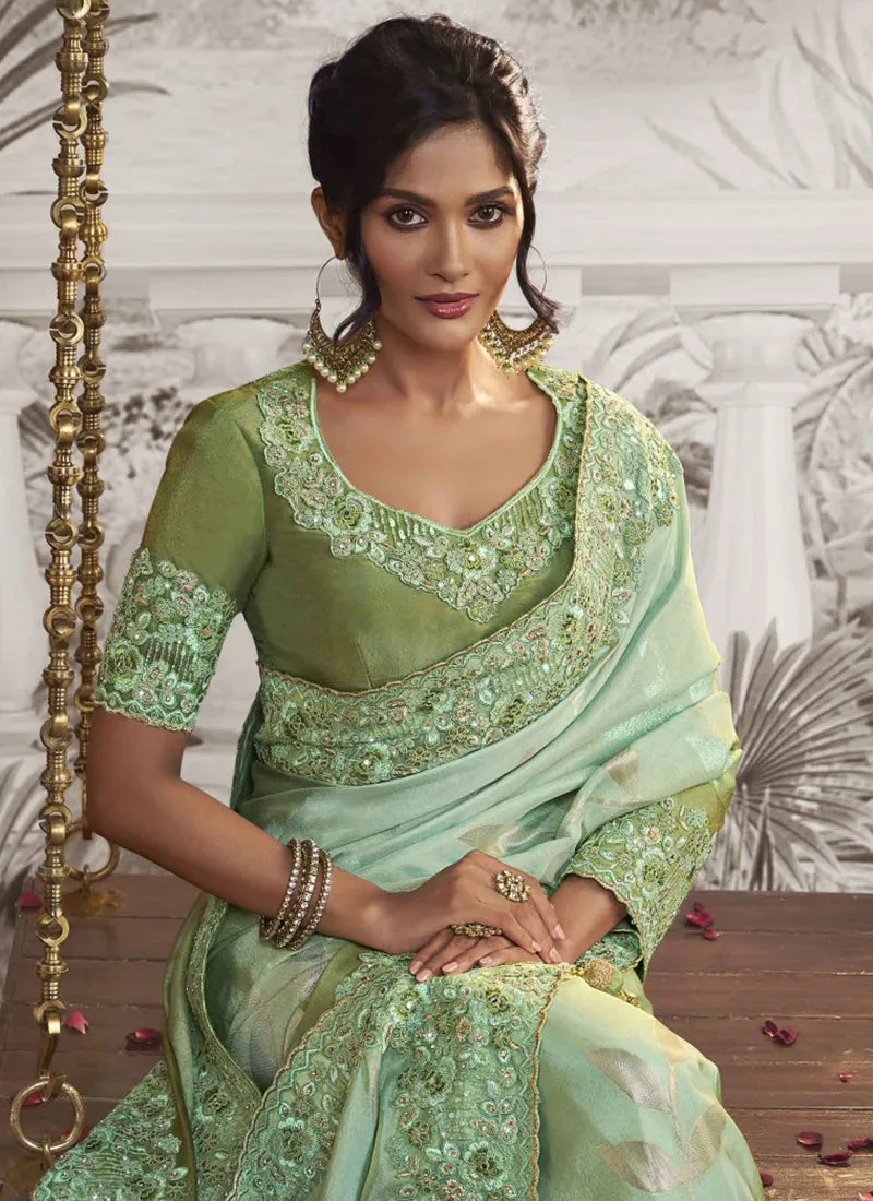 Lime Green Multi Sequence Embroidery Wedding Saree