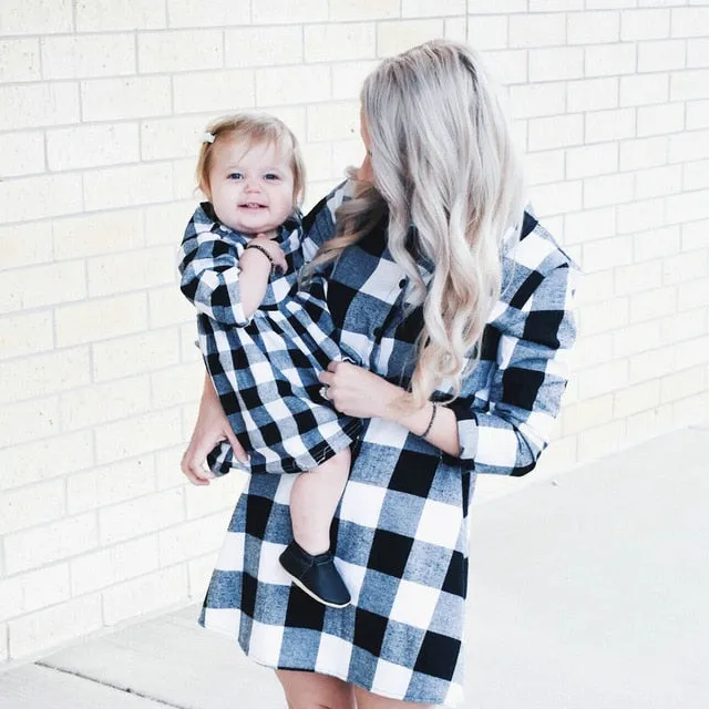 Long Sleeve Christmas Plaid Matching Dress Outfits Mommy And Me