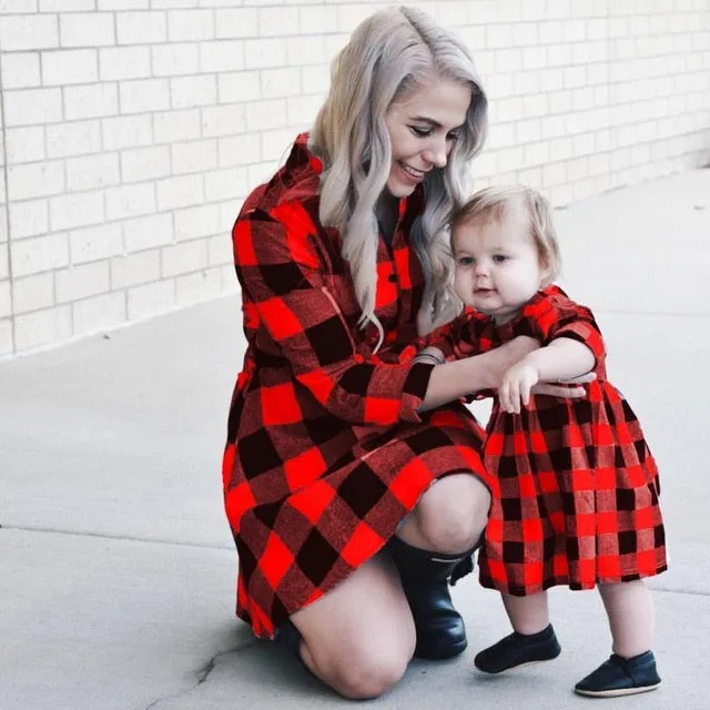 Long Sleeve Christmas Plaid Matching Dress Outfits Mommy And Me