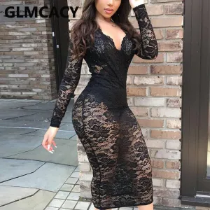 Long Sleeve V Neck Lace Dress Sexy Bodycon