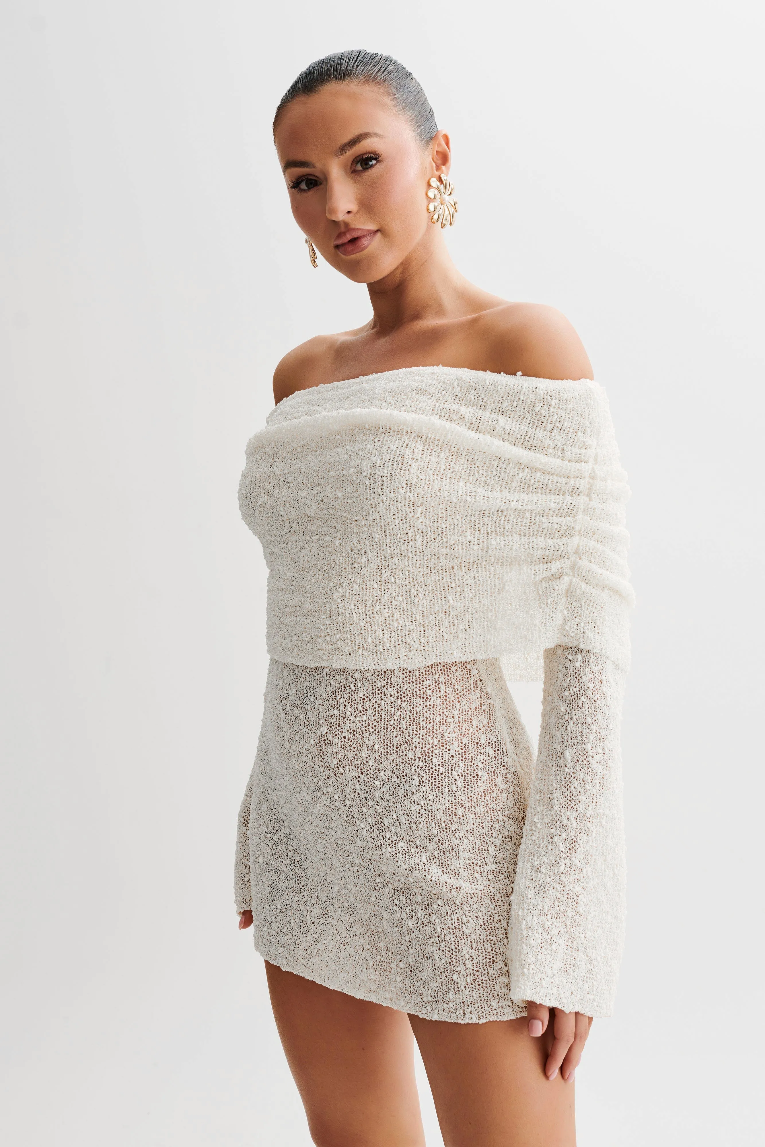 Marisol Off Shoulder Boucle Mini Dress - Ivory
