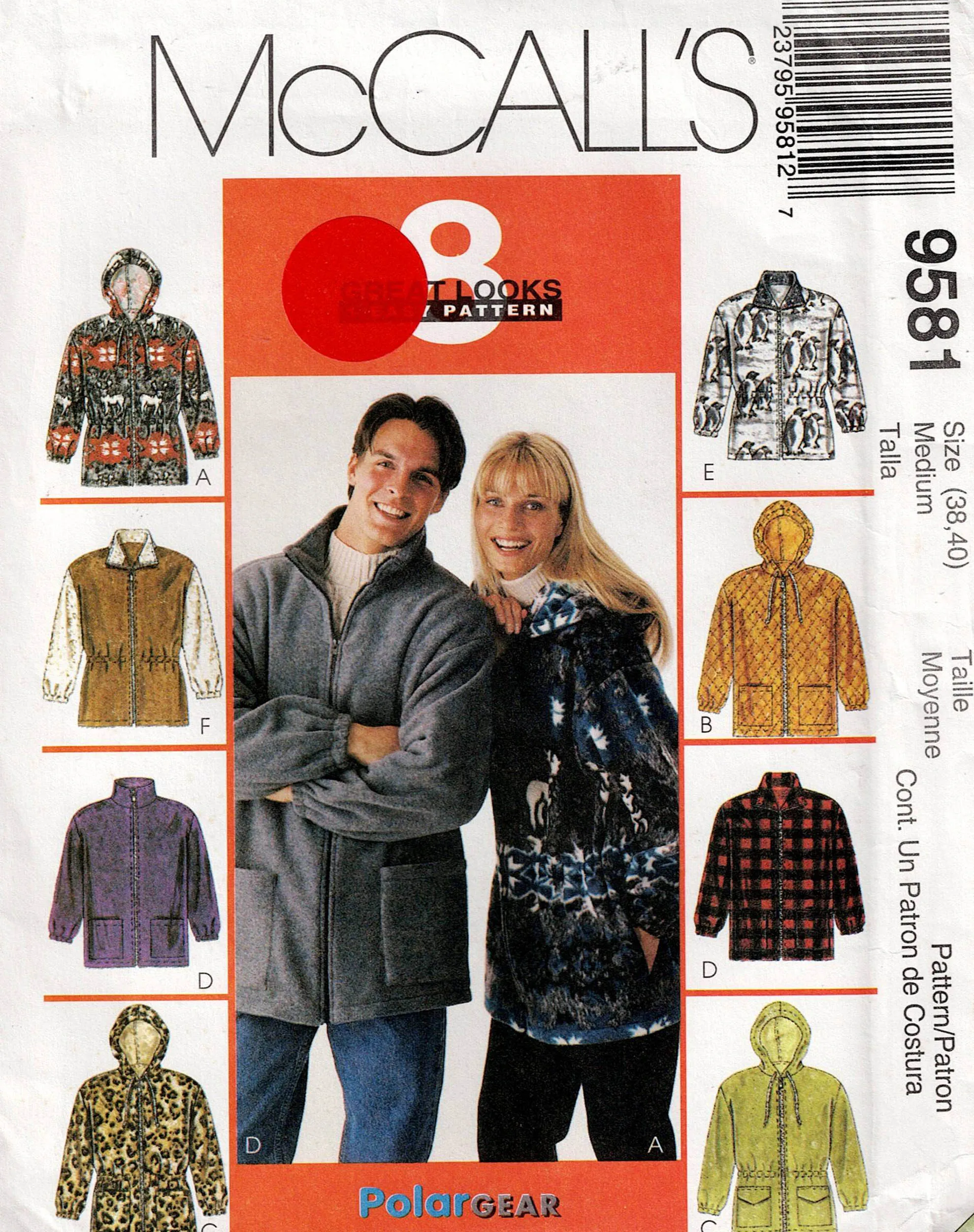 McCall's 9581 Mens Womens UNISEX Winter Fleece Vest Jacket or Hoodie 1990s Vintage Sewing Pattern Bust/Chest 38-40 Inches UNCUT Factory Folded