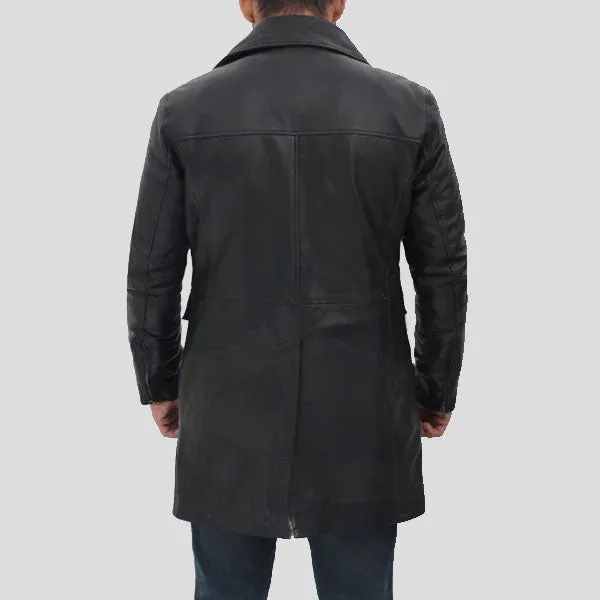 Men’s Black Leather Trench Coat with Four Pockets