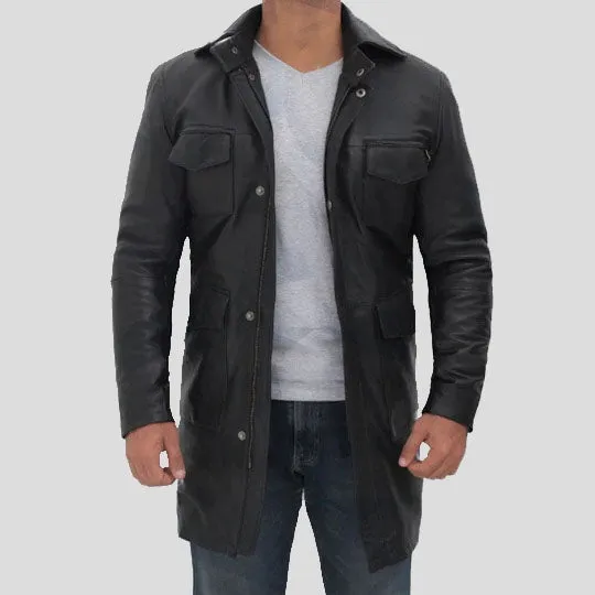 Men’s Black Leather Trench Coat with Four Pockets