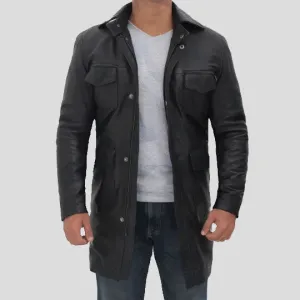 Men’s Black Leather Trench Coat with Four Pockets