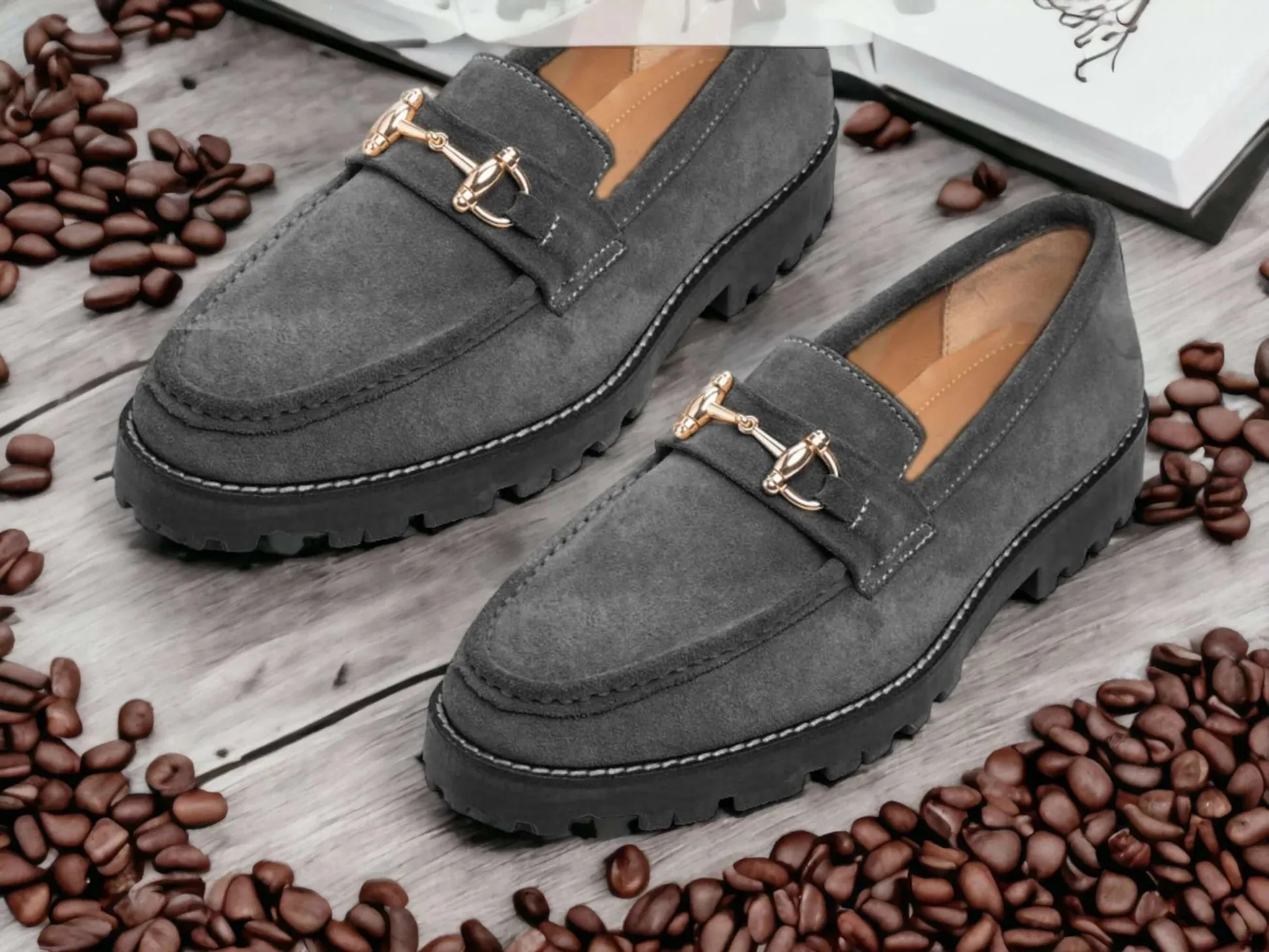 Men's Brown Suede Loafers, Chunky Sole Horse Bit Slippers