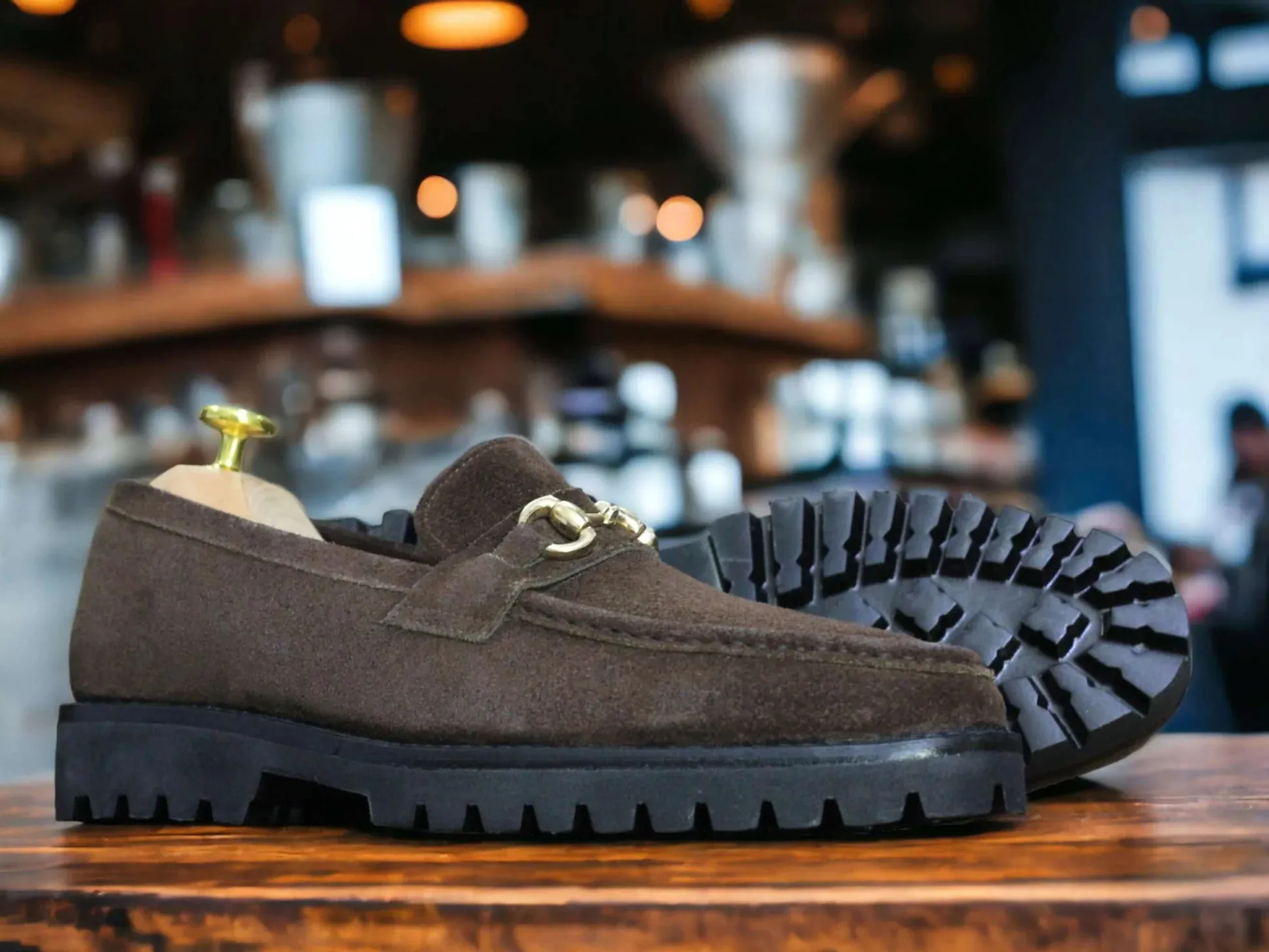 Men's Brown Suede Loafers, Chunky Sole Horse Bit Slippers