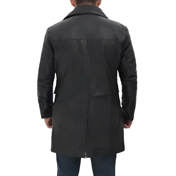 Men’s Four-Pocket Black Leather Trench Coat – Utility Style