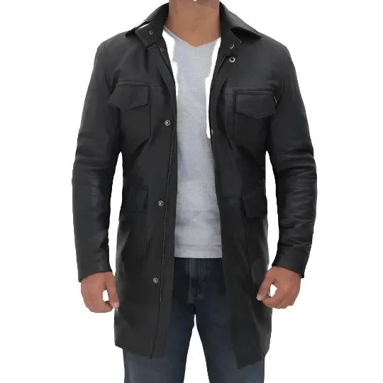 Men’s Four-Pocket Black Leather Trench Coat – Utility Style