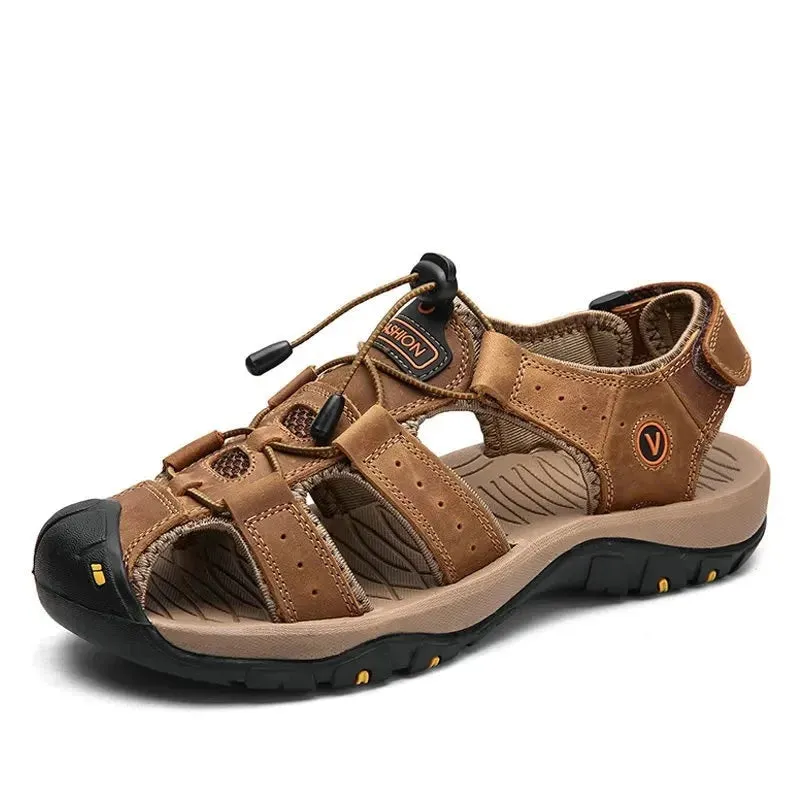 Mens Outdoor Trekking Sandals Summer Breathable Flat Light Fashion Beach Shoes Genuine Leather Luxury Men Sandals v1
