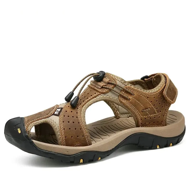 Mens Outdoor Trekking Sandals Summer Breathable Flat Light Fashion Beach Shoes Genuine Leather Luxury Men Sandals v1