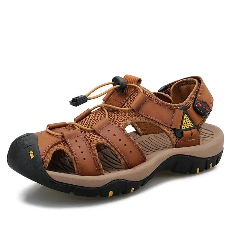 Mens Outdoor Trekking Sandals Summer Breathable Flat Light Fashion Beach Shoes Genuine Leather Luxury Men Sandals v1