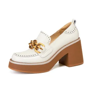 Metal Chain Square Toe British Style Female Shoes