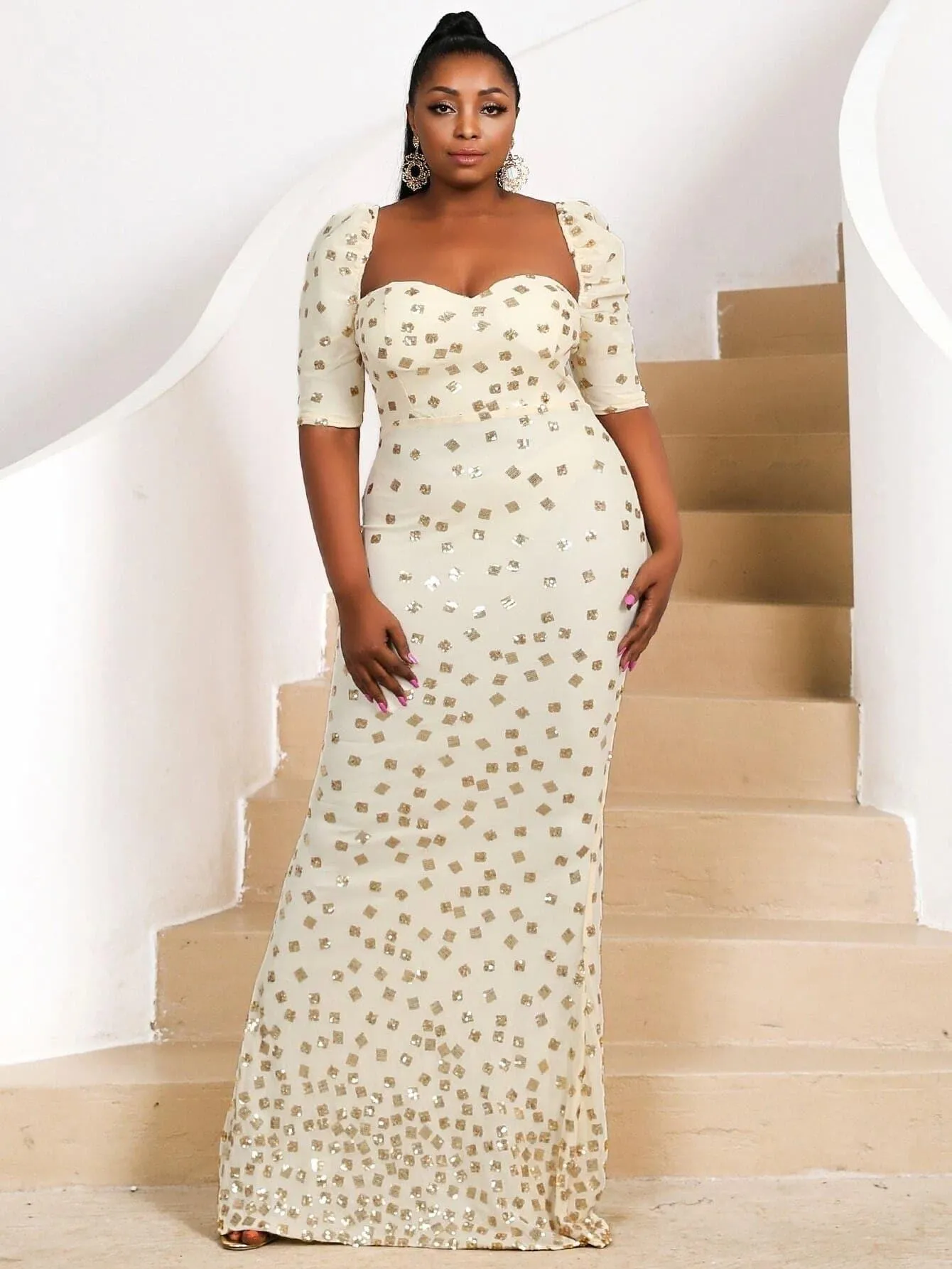 Missord Plus Sequin Decor Sweetheart Slit Hem Maxi Dress P0160