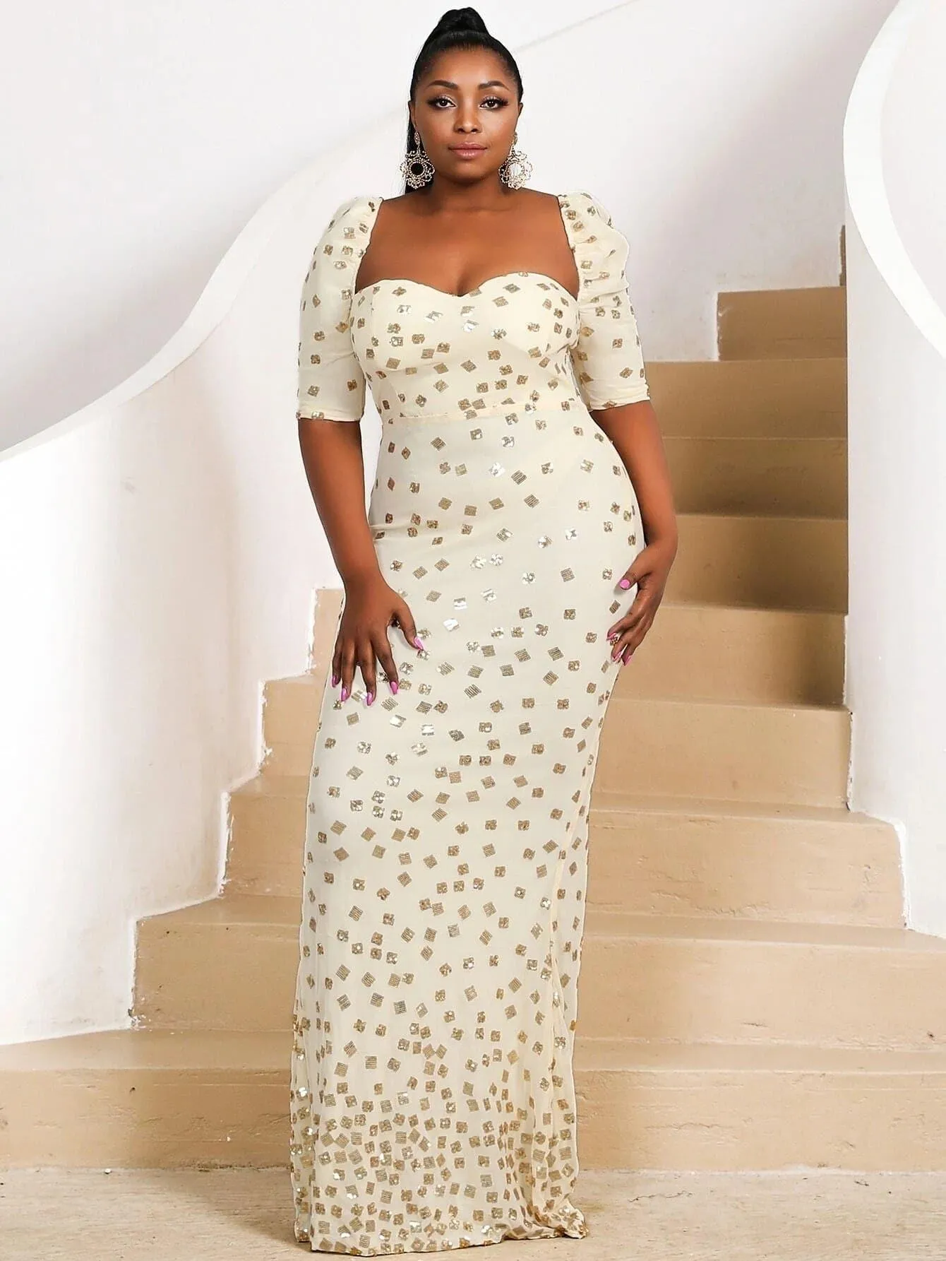 Missord Plus Sequin Decor Sweetheart Slit Hem Maxi Dress P0160