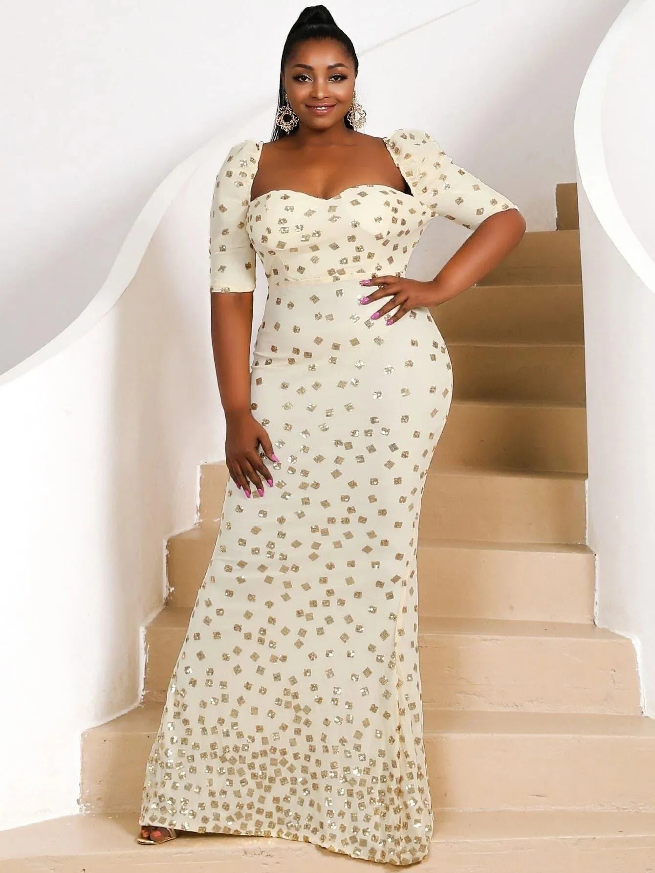 Missord Plus Sequin Decor Sweetheart Slit Hem Maxi Dress P0160