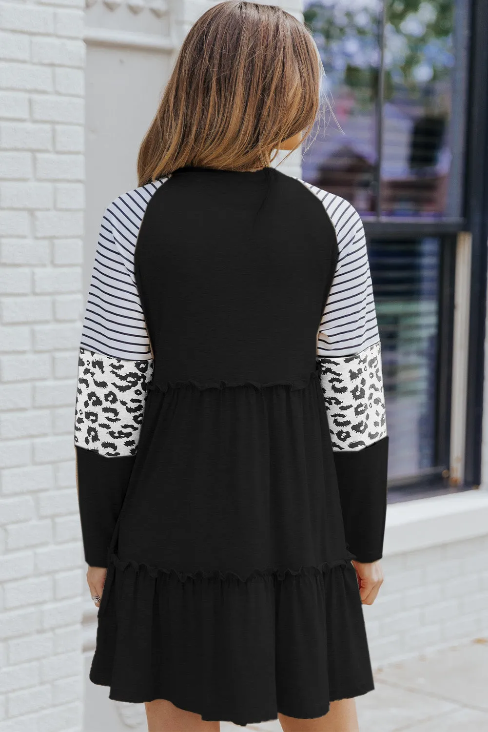 Mixed Print Frill Trim  Long Sleeve Dress (3 Colors)