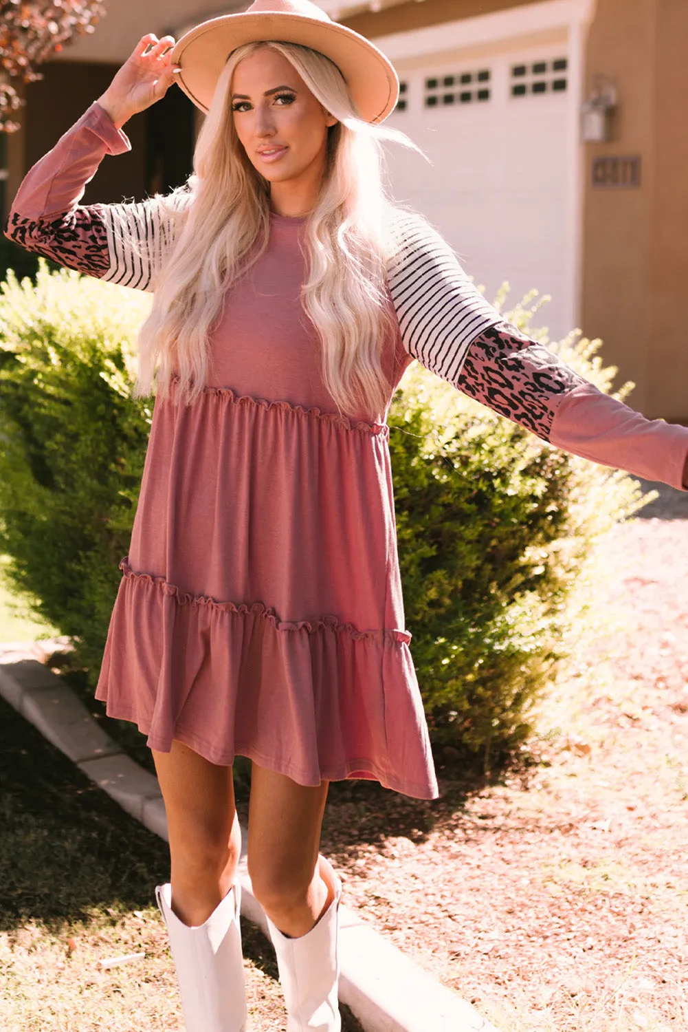 Mixed Print Frill Trim  Long Sleeve Dress (3 Colors)