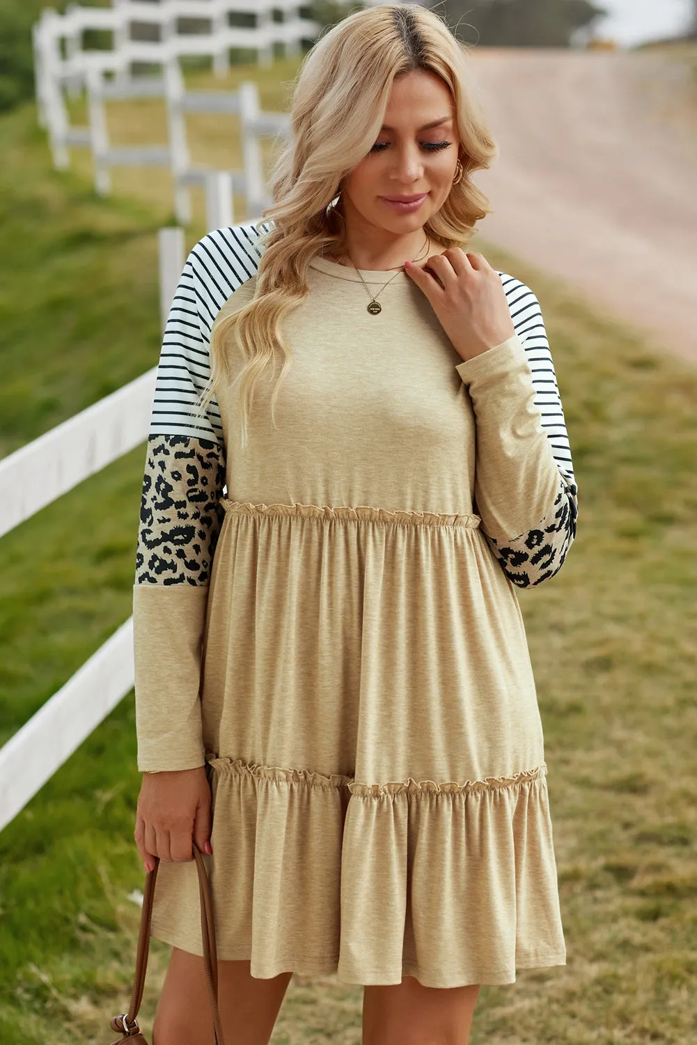 Mixed Print Frill Trim  Long Sleeve Dress (3 Colors)