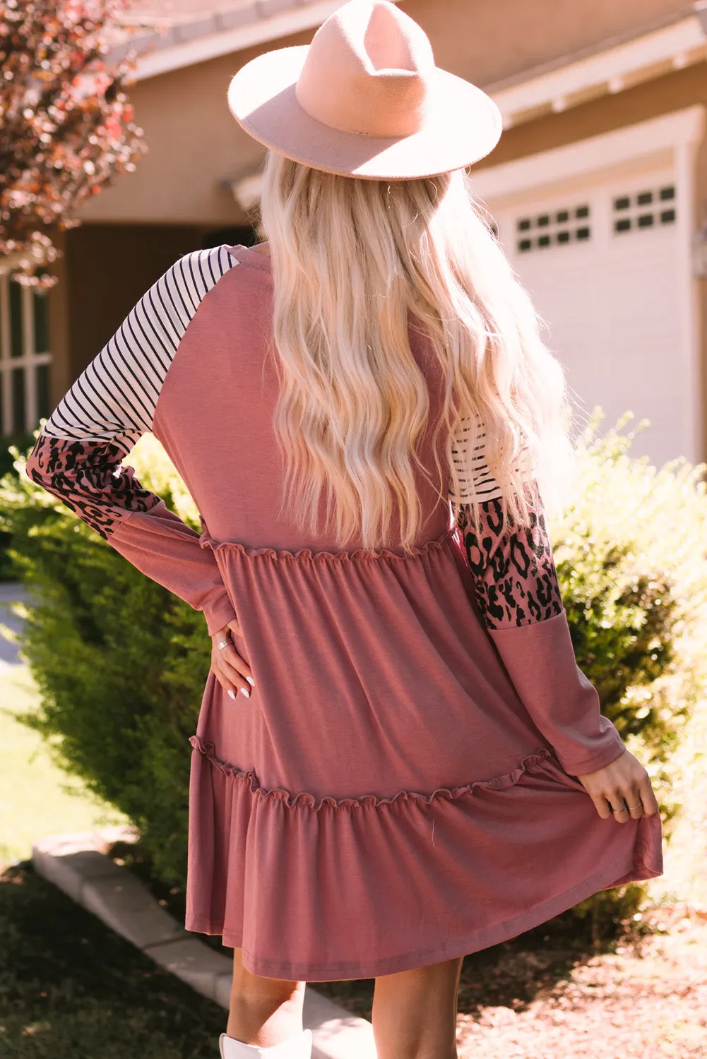 Mixed Print Frill Trim  Long Sleeve Dress (3 Colors)
