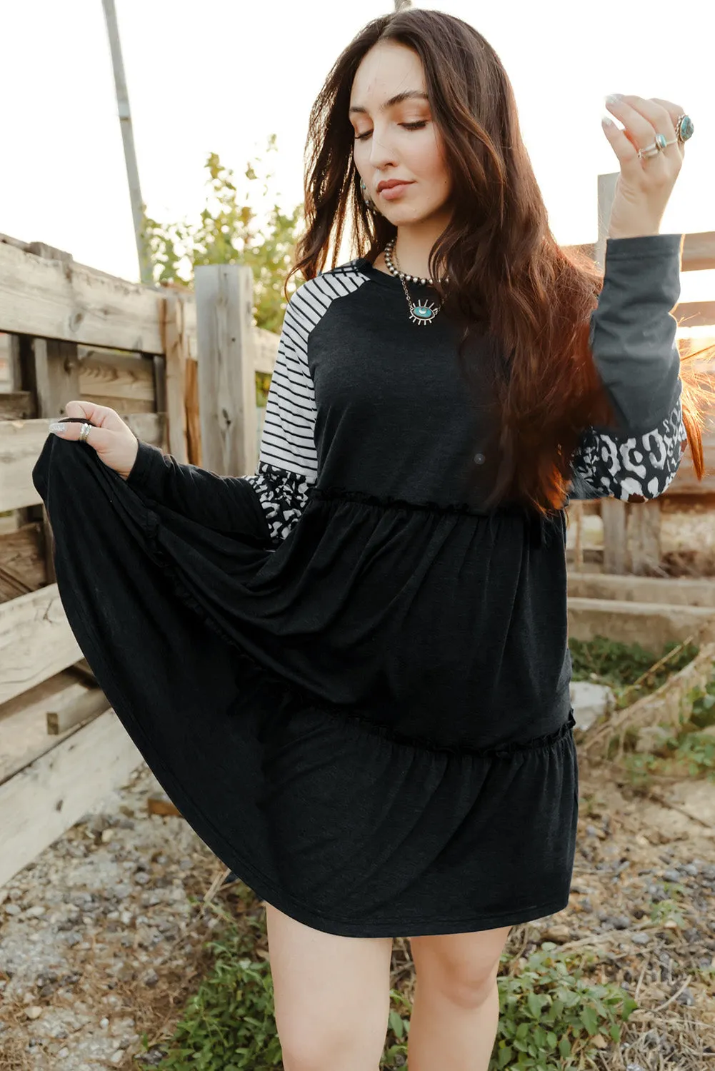 Mixed Print Frill Trim  Long Sleeve Dress (3 Colors)