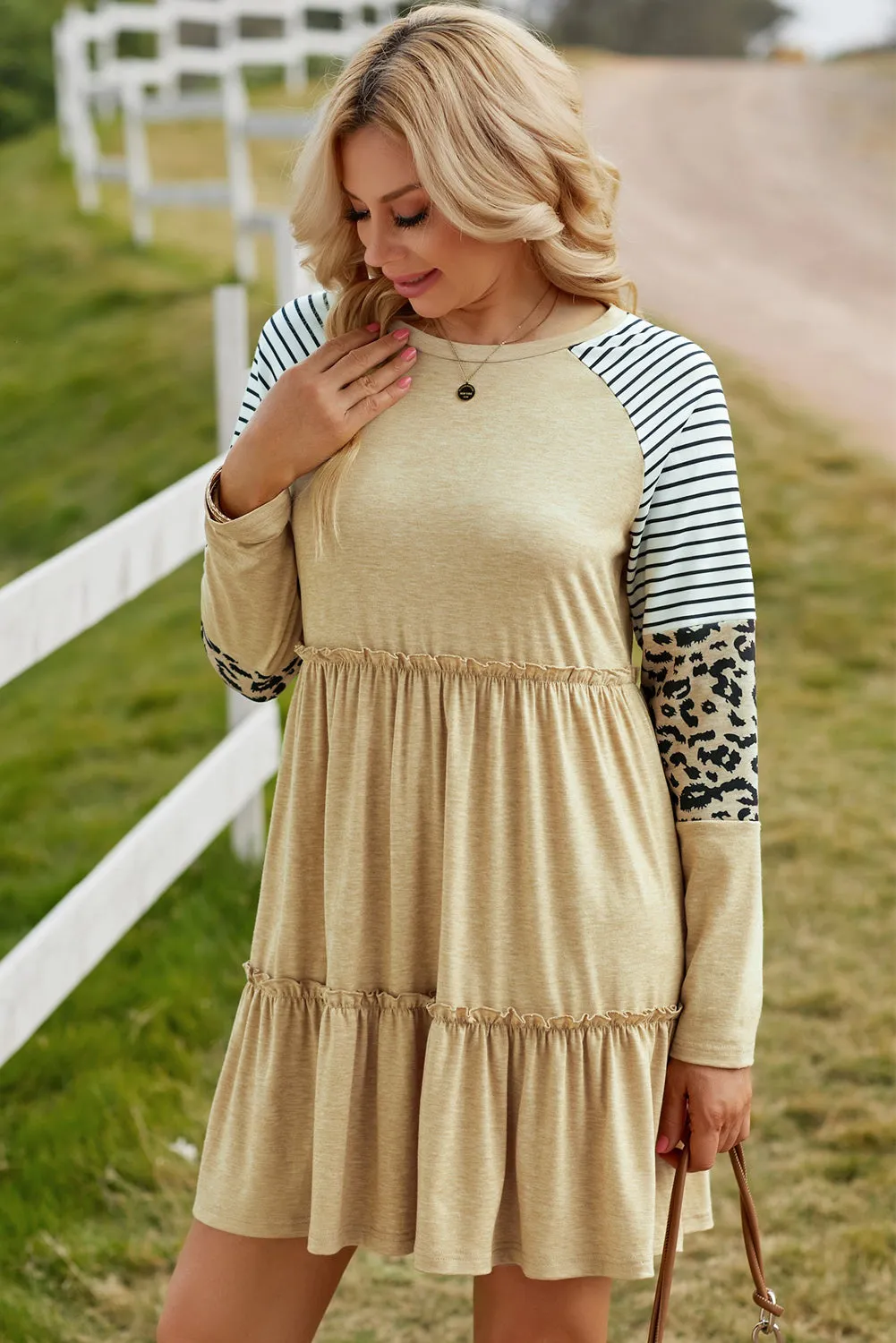 Mixed Print Frill Trim  Long Sleeve Dress (3 Colors)