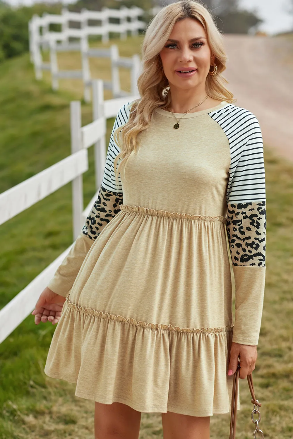 Mixed Print Frill Trim  Long Sleeve Dress (3 Colors)