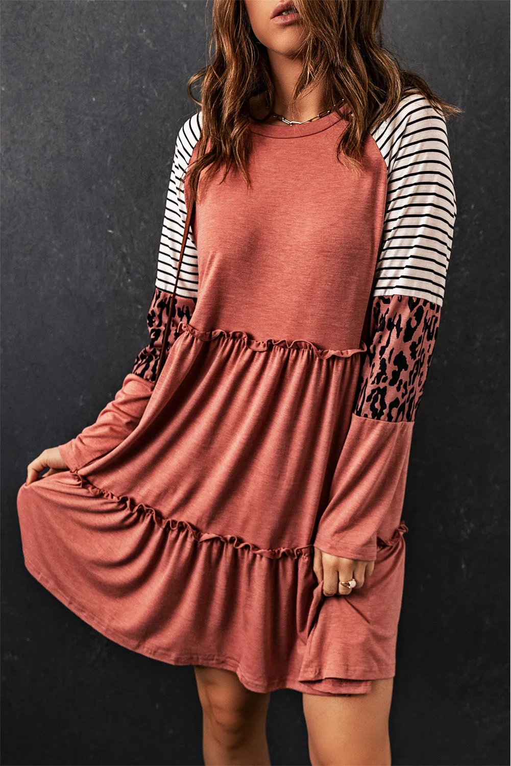 Mixed Print Frill Trim  Long Sleeve Dress (3 Colors)