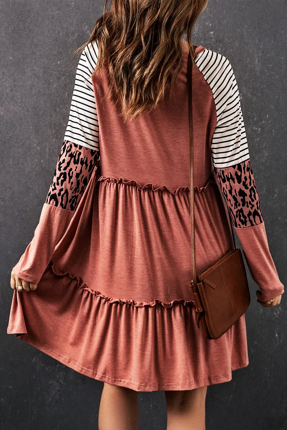 Mixed Print Frill Trim  Long Sleeve Dress (3 Colors)