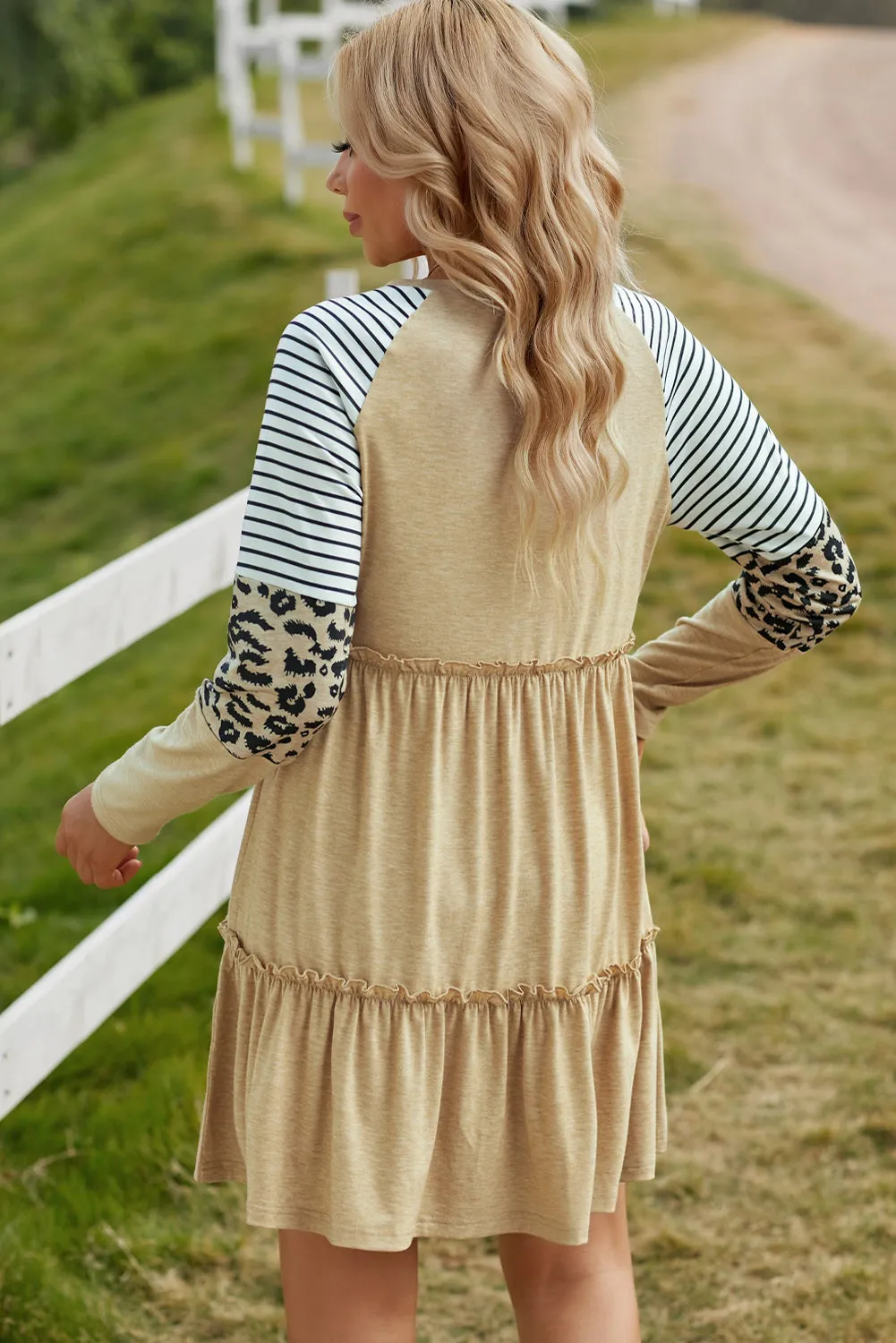Mixed Print Frill Trim  Long Sleeve Dress (3 Colors)
