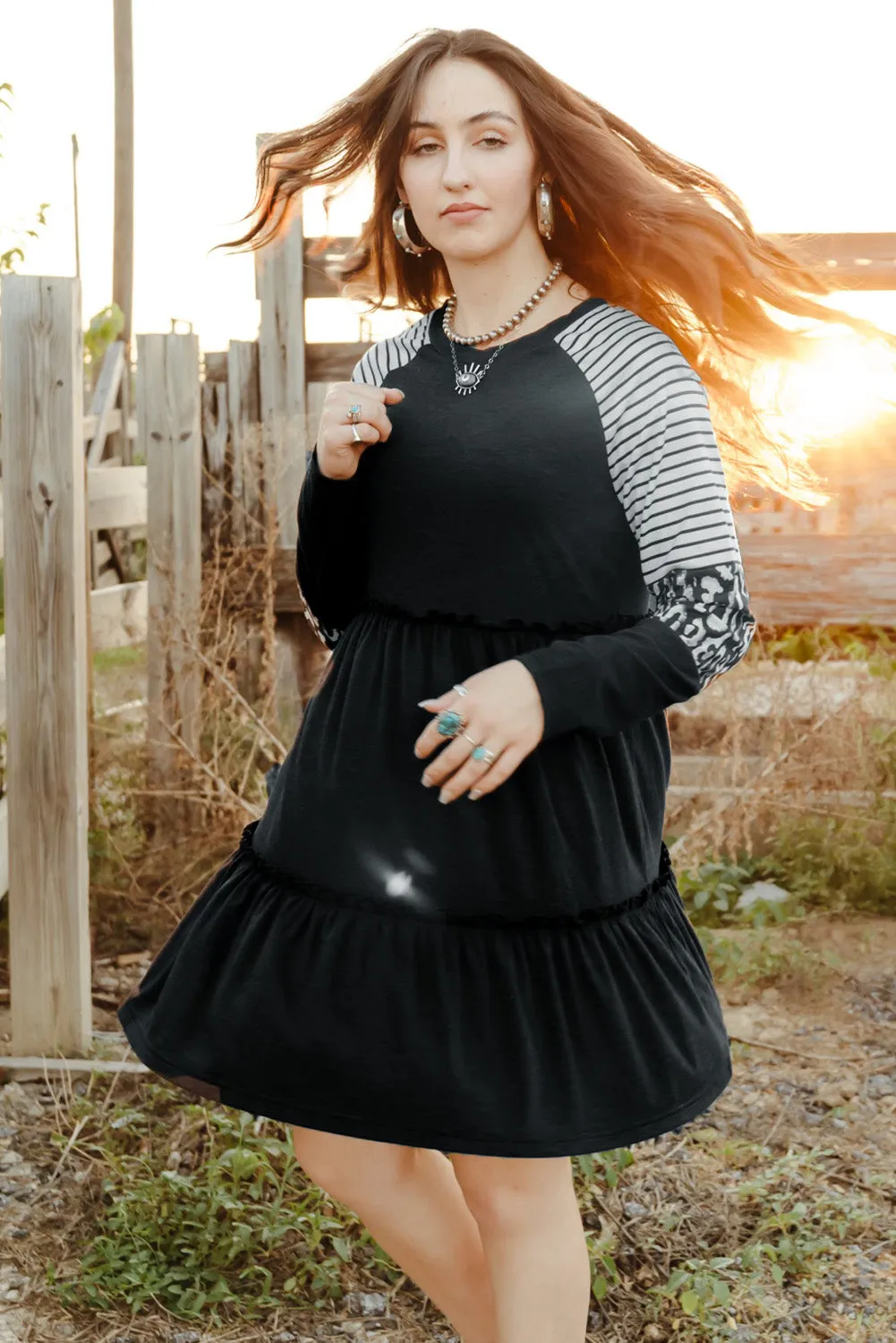 Mixed Print Frill Trim  Long Sleeve Dress (3 Colors)