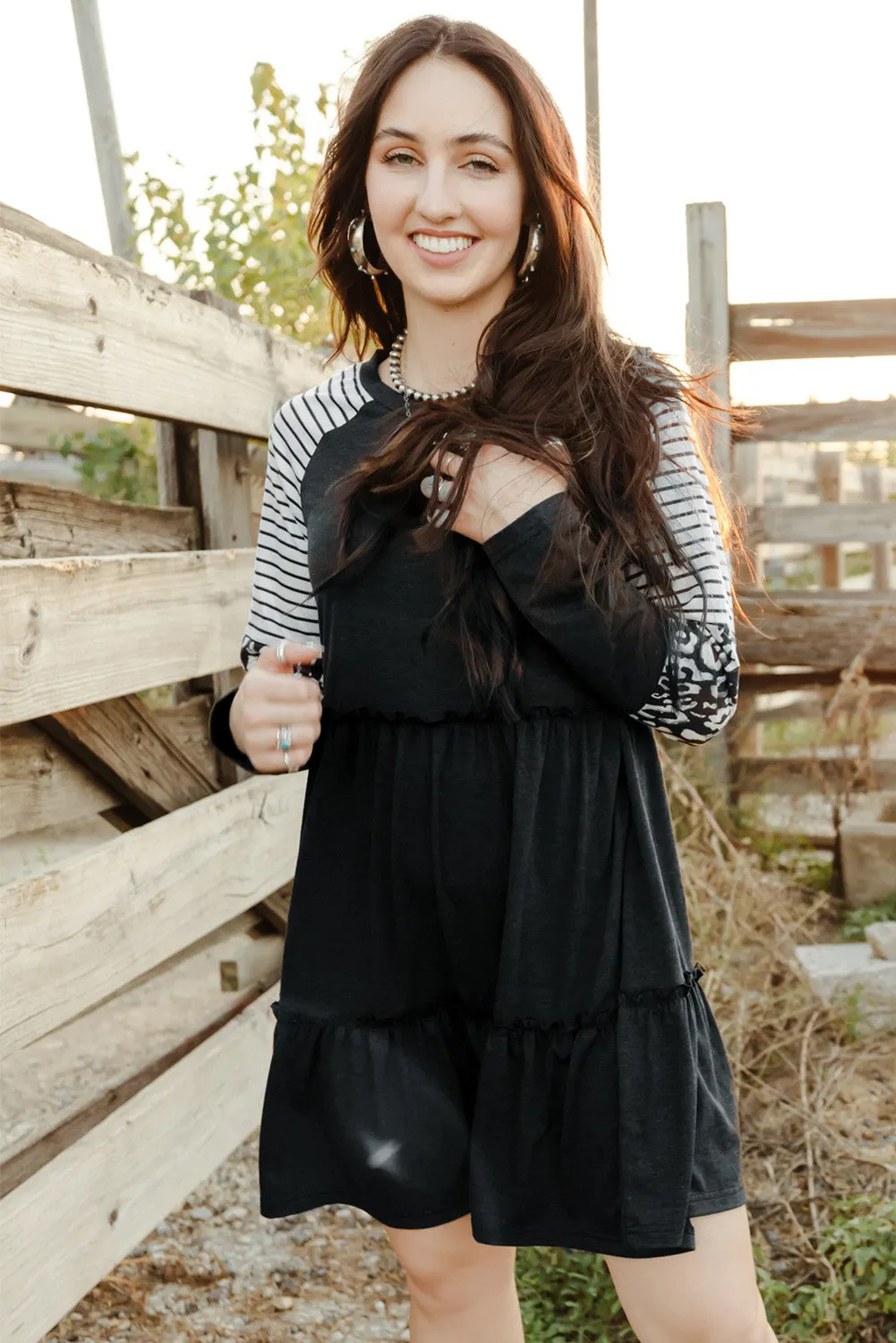 Mixed Print Frill Trim  Long Sleeve Dress (3 Colors)