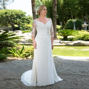 Modest Plus Size Wed Bridal  Custom Made Beaded V-neck Chiffon Gown with 3/4 Sleeves Robe de Mariee