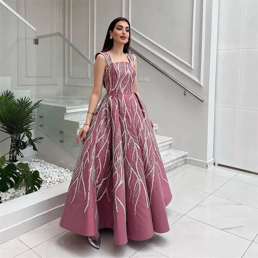 Modest Saudi Arabic Evening Dresses Spaghetti Strap A-Line Prom Dresses Ankle Length Appliques Vestidos De Gala