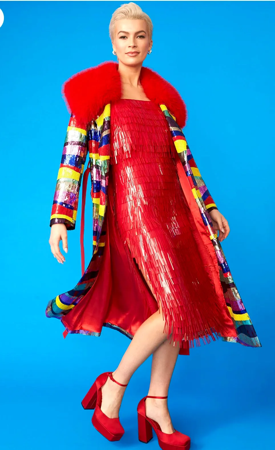 Multi Technicolored Stripe Sequin Trench Coat