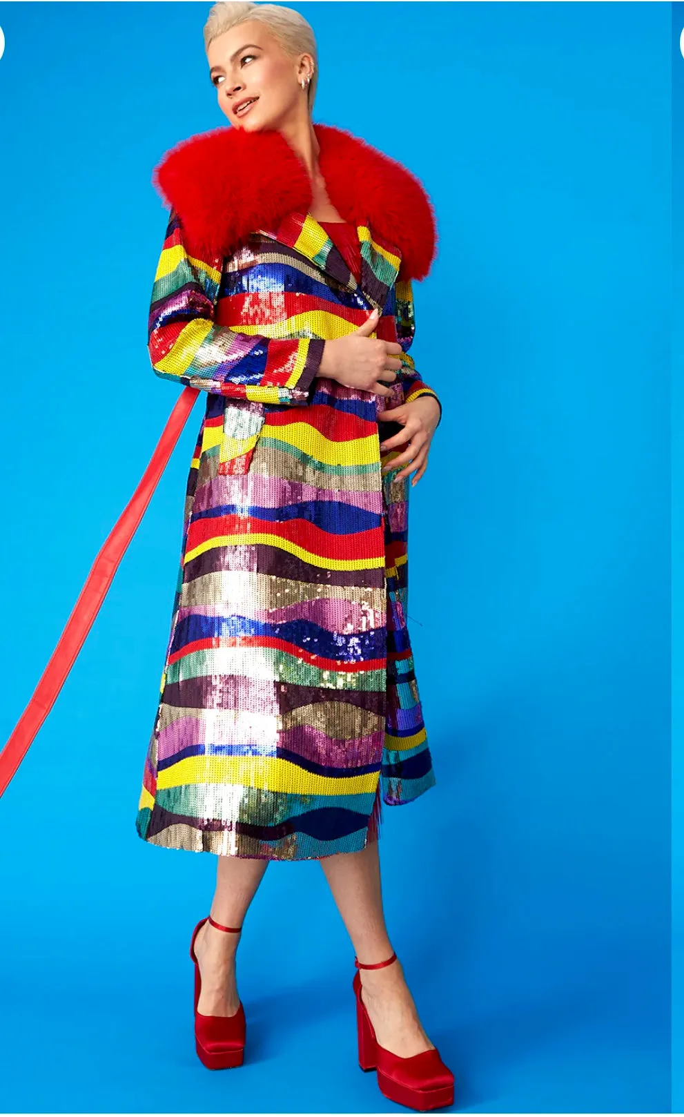 Multi Technicolored Stripe Sequin Trench Coat