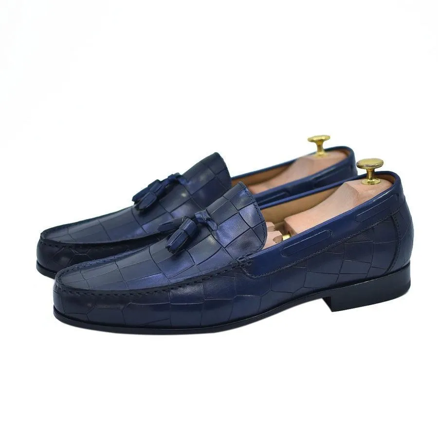 Navy Blue Crocodile-Embossed