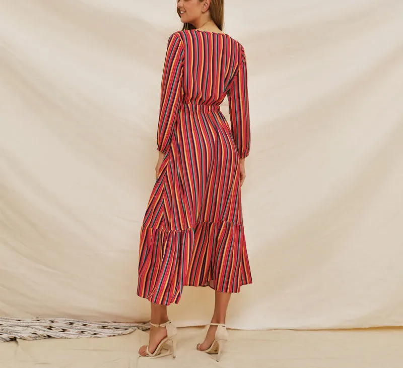 New Long-sleeved Rainbow Stripe Print V-neck Lace-up Dress
