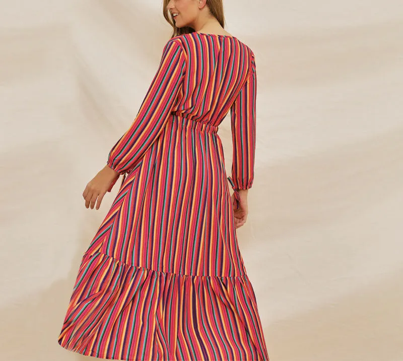 New Long-sleeved Rainbow Stripe Print V-neck Lace-up Dress