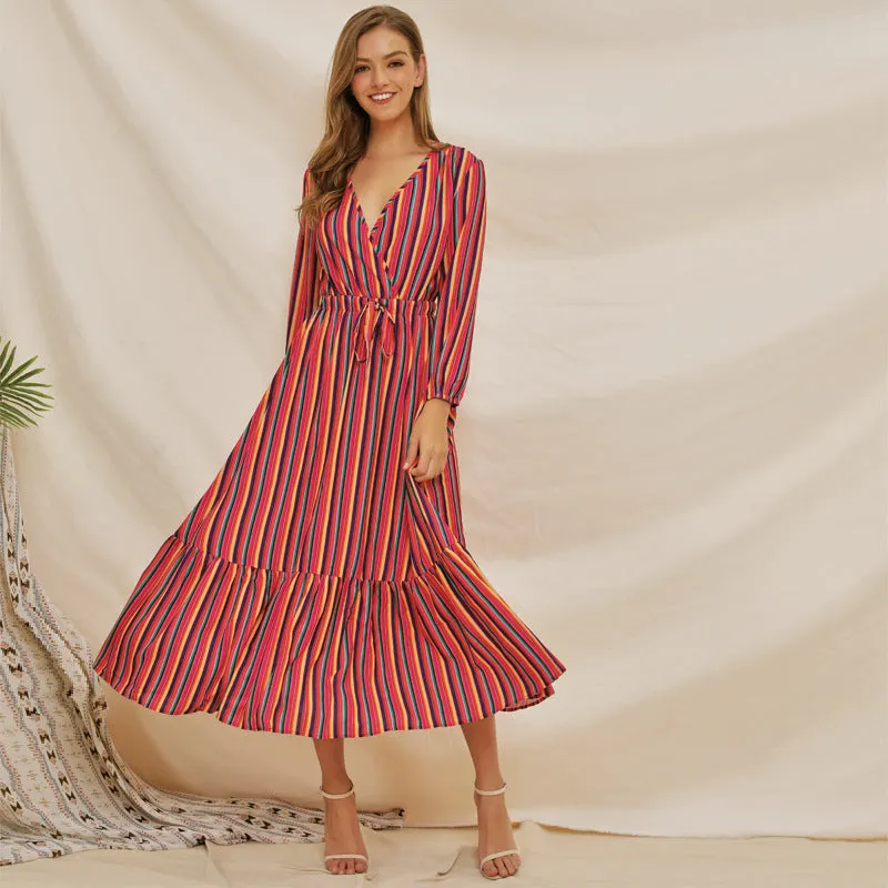 New Long-sleeved Rainbow Stripe Print V-neck Lace-up Dress