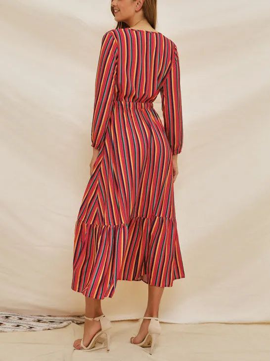 New Long-sleeved Rainbow Stripe Print V-neck Lace-up Dress