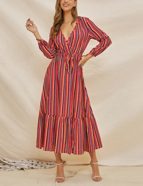 New Long-sleeved Rainbow Stripe Print V-neck Lace-up Dress