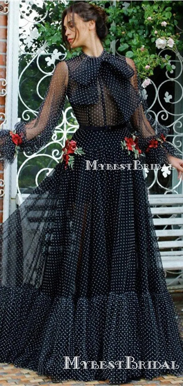 Newest Elegant High Neck Long Sleeves Navy Blue Tulle A-line Long Cheap Evening Party Prom Dresses, PDS0016